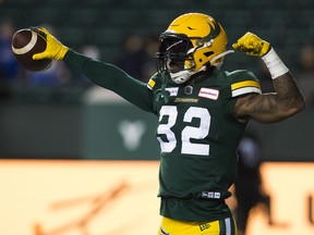 Edmonton Elks running back James Wilder Jr. (32) celebrates his touchdown against the Winnipeg Blue Bombers at Commonwealth Stadium in Edmonton on Sept. 18, 2021.