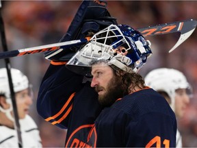 Edmonton Oilers' goaltender Mike Smith (41) is seen while playing the L.A. Kings during second period of NHL playoff action at Rogers Place in Edmonton, on Monday, May 2, 2022.