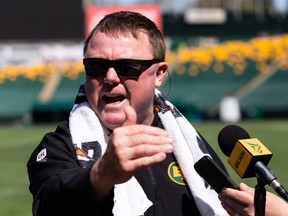 General manager/head coach Chris Jones speaks with media on the first day of Edmonton Elks training camp at Commonwealth Stadium in Edmonton on May 15, 2022.