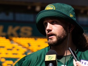 Aaron Grymes speaks with the media during Edmonton Elks training camp at Commonwealth Stadium in Edmonton on Sunday, May 15, 2022.