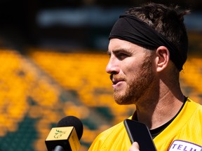 Quarterback Nick Arbuckle speaks with the media during Edmonton Elks training camp at Commonwealth Stadium in Edmonton on May 15, 2022.