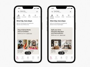 A screenshot shows the redesigned Airbnb app with "split stays" feature in this undated handout image.