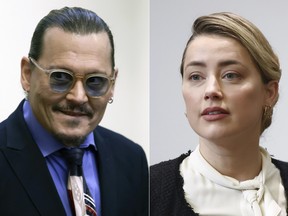 This combination of two separate photos shows actor Johnny Depp and Amber Heard at the Fairfax County Circuit Court in Fairfax, Va., on Thursday, May 5, 2022.