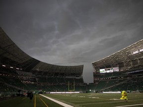 The Mosaic stadium stands empty out after an evacuation due to a lightning storm interrupting first-half CFL action in Regina on Monday, July 1, 2019.