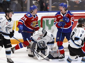 Edmonton Oil Kings Jalen Luypen (23) celebrates a second period goal by Edmonton Oil Kings Logan Dowhaniuk (24) on Winnipeg Ice Goalie Daniel Hauser (31) on Friday, May 20, 2022, in Winnipeg.