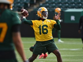 Quarterback Khalil Tate (16) throws during the first day of Edmonton Elks rookie camp at Commonwealth Stadium in Edmonton on Wednesday, May 11, 2022.