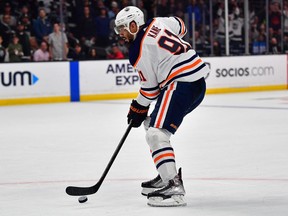 Edmonton Oilers left wing Evander Kane (91) scores an empty net goal against the Los Angeles Kings during the third period in game six of the first round of the 2022 Stanley Cup Playoffs at Crypto.com Arena.