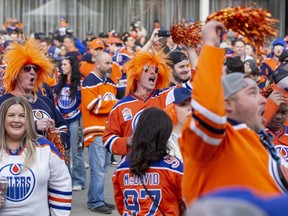 People take part in the celebrations as the Edmonton Oilers have clinched home ice advantage in the first round of the 2022 Stanley Cup Playoffs. Edmonton’s ICE District is the centre of the activities including the  Oilers tailgate event on Monday, May 2, 2022  in Edmonton.