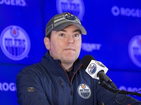 Edmonton Oilers head coach Jay Woodcroft talks to the media after practice on Monday, April 11, 2022 in Edmonton.