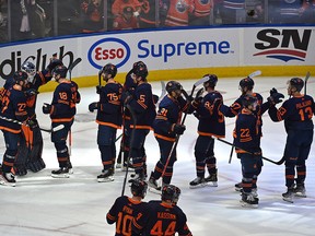 Edmonton Oilers celebrate their win defeating the Calgary Flames 5-3 during NHL playoff action at Rogers Place in Edmonton, May 24, 2022.