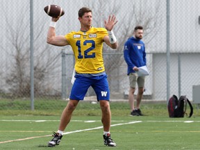 Quarterback Dakota Prukop steps into a pass during Winnipeg Blue Bombers rookie camp at Winnipeg Soccer Federation South Complex on Wednesday, May 11, 2022.