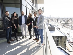 The Cantiro team at the award-winning 100 West Block, from left, Chris Felizardo, senior project manager multi-family; Robin Sundal, area sales manager; Paul Fereday, vice-president multi-family; Angelica DeRose, development manger multi-family; Anthony Nguyen, senior project manager multi-family and commercial; and Daniel Kogan, assistant project manager multi-family.