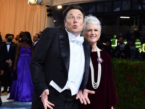 CEO, and chief engineer at SpaceX, Elon Musk and his mother, supermodel Maye Musk, arrive for the 2022 Met Gala at the Metropolitan Museum of Art on May 2, 2022, in New York.