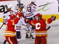 Calgary Flames Andrew Mangiapane scores on Edmonton Oilers goalie Mike Smith in first period action during Round two of the Western Conference finals at the Scotiabank Saddledome in Calgary on Wednesday, May 18, 2022.