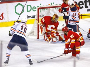 Edmonton Oilers Zach Hyman scores on Calgary Flames goalie Jacob Markstrom in second period action during Round two of the Western Conference finals at the Scotiabank Saddledome in Calgary on Wednesday, May 18, 2022.