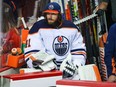Edmonton Oilers goaltender Mike Smith (41) on his bench as he was replaced by goaltender Mikko Koskinen (19) during the first period against the Calgary Flames in game one of the second round of the 2022 Stanley Cup Playoffs at Scotiabank Saddledome.