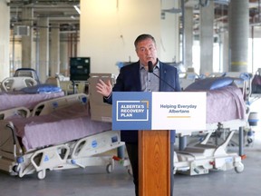 Premier Jason Kenney announced nineteen new critical care beds have opened in hospitals as the province delivers on its promise to expand health-care capacity to meet patient needs at the Rockyview General Hospital in Calgary on Friday, May 13, 2022.