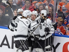 The Los Angeles Kings celebrates a goal scored on the Edmonton Oilers byTroy Stecher (51) during first period NHL playoff action on Tuesday, May 10, 2022 in Edmonton.