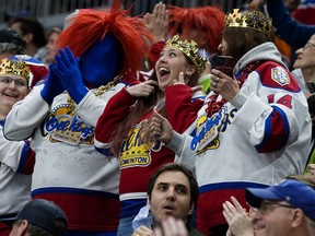The Edmonton Oil Kings fans celebrate the team's fifth goal against the Winnipeg Ice during second period action at Rogers Place, in Edmonton Friday May 27, 2022. Photo By David Bloom