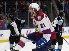 The Edmonton Oil Kings' Jake Neighbours (21) celebrates the Oil Kings second goal against the Winnipeg Ice during first period action at Rogers Place, in Edmonton Friday May 27, 2022.