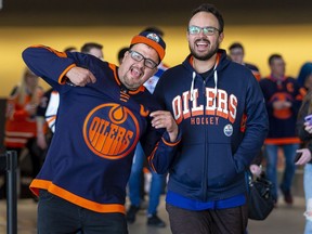 Edmonton Oilers fans Armand Silverquill and Cameron Dutka walk into Rogers Place to watch game 6 in the first round of the playoffs between the Oilers and Los Angeles Kings. Taken on Thursday, May 12, 2022 in Edmonton. Greg Southam-Postmedia