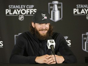 Edmonton Oilers goalie Mike Smith comments after team practise in Edmonton on Monday May 16, 2022 where the team was preparing for their Stanley Cup playoff series against the Calgary Flames which begins on Wednesday May 18, 2022 in Calgary.