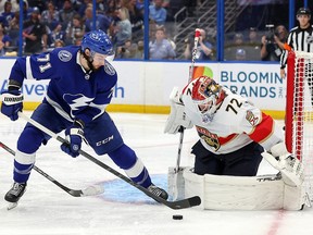 Sergei Bobrovsky of the Florida Panthers makes a save against Anthony Cirelli of the Tampa Bay Lightning during Game 3 of the second round of the Stanley Cup Playoffs at Amalie Arena on May 22, 2022 in Tampa, Florida.
