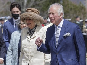 Prince Charles, Prince of Wales and Camilla, Duchess of Cornwall arrive at the Official Welcome Ceremony at the Confederation Building on day one of the Platinum Jubilee Royal Tour of Canada on May 17, 2022 in Saint John's.