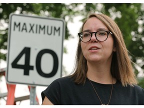 Jessica Lamarre, director of safe mobility, speaks to the media about Edmonton's new 40 km/h speed limit for residential streets, on Aug. 6, 2021.