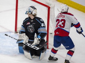Edmonton Oil Kings Jalen Luypen scores on Winnipeg Ice goaltender Gage Alexander during third period WHL playoff action on Monday, May 23, 2022.