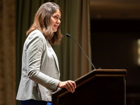 Danielle Smith speaks at the Open For Business launch party at the Petroleum Club in Calgary on July 2, 2021.