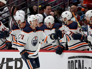 Ryan McLeod #71 of the Edmonton Oilers celebrates with his teammates after scoring a goal against the Colorado Avalanche during the second period in Game One of the Western Conference Final of the 2022 Stanley Cup Playoffs at Ball Arena on May 31, 2022 in Denver, Colorado.