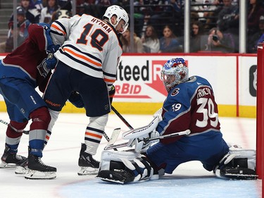Pavel Francouz #39 of the Colorado Avalanche makes a save against Zach Hyman #18 of the Edmonton Oilers during the third period in Game One of the Western Conference Final of the 2022 Stanley Cup Playoffs at Ball Arena on May 31, 2022 in Denver, Colorado.