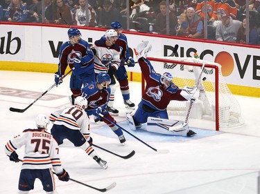 Derek Ryan #10 of the Edmonton Oilers scores a goal on Pavel Francouz #39 of the Colorado Avalanche during the third period in Game One of the Western Conference Final of the 2022 Stanley Cup Playoffs at Ball Arena on May 31, 2022 in Denver, Colorado.