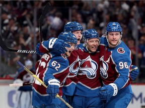 DENVER, COLORADO - JUNE 02: Josh Manson #42 of the Colorado Avalanche celebrates with his teammates Artturi Lehkonen #62, Jack Johnson #3 and Mikko Rantanen #96 after scoring a goal on Mike Smith #41 of the Edmonton Oilers during the second period in Game Two of the Western Conference Final of the 2022 Stanley Cup Playoffs at Ball Arena on June 02, 2022 in Denver, Colorado.