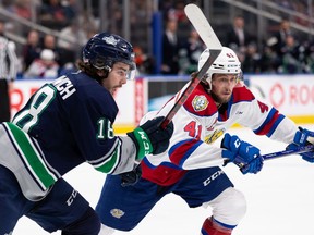 Edmonton Oil Kings' Tyler Horstmann (41) races Seattle Thunderbirds' Sam Popowich during second period WHL Championships action at Rogers Place in Edmonton, on Friday, June 3, 2022.