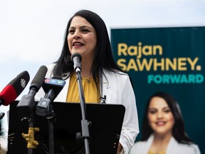 Calgary North-East UCP MLA Rajan Sawhney launches her campaign for the leadership of the United Conservative Party from Violet King Henry Plaza at the Alberta Legislature in Edmonton, on Monday, June 13, 2022.