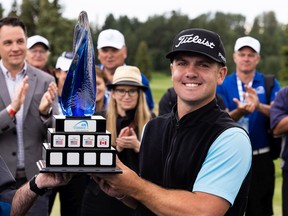 Edmonton's Wil Bateman celebrates winning the ATB Classic with a chip on to the 18th green during a third playoff with Joe Highsmith and Jorge Villar at the Edmonton Petroleum Club on Sunday, June 19, 2022. Photo by Ian Kucerak