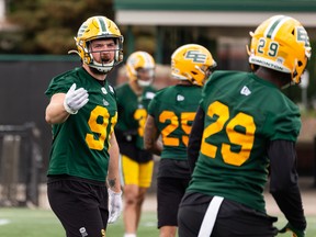 Jacob Plamondon (91) drills during an Edmonton Elks practice at Clarke Field on Wednesday, June 22, 2022, ahead of their June 25 road game versus the Calgary Stampeders.