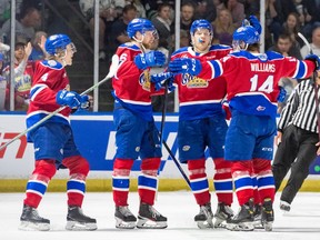 The Edmonton Oil Kings celebrate a goal against the Seattle Thunderbirds at the ShoWare Center in Kent, Wash., on June 9, 2022.