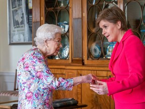 Queen Elizabeth receives Scotland's First Minister Nicola Sturgeon during an audience at the Palace of Holyroodhouse, as part of her traditional trip to Scotland for Holyrood Week, in Edinburgh June 29, 2022.