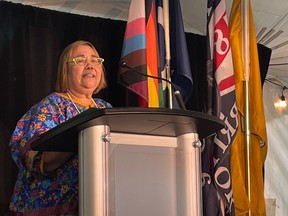 Florence Glanfield, vice-provost of Indigenous programming and research at the University of Alberta, speaking at the formal launch of Braiding Past, Present and Future: University of Alberta Indigenous Strategic Plan, Friday June 24, 2022.