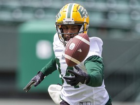 Emmanuel Arceneaux looks to get his hands on a pass during Edmonton Elks practice on Wednesday, June 8, 2022, in Edmonton.