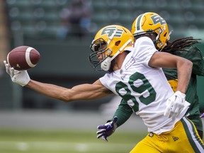 Kenny Lawler makes a one-handed catch during Edmonton Elks practice on Wednesday, June 8, 2022, in Edmonton,