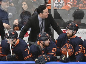Oilers head coach Jay Woodcroft reacts on the bench during the Western Conference final against the Colorado Avalanche. Edmonton signed Woodcroft to a three-year contract extension on Tuesday.