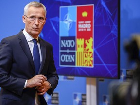 NATO Secretary General Jens Stoltenberg speaks during a media conference prior to a NATO summit in Brussels, on June 27, 2022.