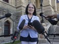 Cathay Wagantall speaks with reporters outside West Block in the Parliamentary precinct in Ottawa, Friday, June 3, 2022.