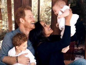 Prince Harry, Meghan Markle and their children Archie and Lilibet are pictured ina family portrait by photographer Alexi Lubomirski release in December 2021.