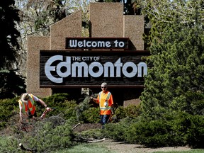 City of Edmonton crews prune trees and scrubs around the welcome to Edmonton sign near 101 Avenue and 48 Street, in Edmonton Thursday May 12, 2022. Photo By David Bloom