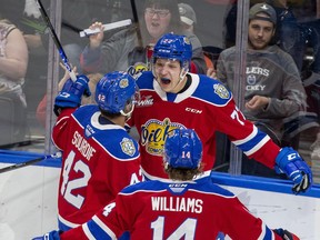 Edmonton Oil Kings Jakub Demek (77) celebrates his goal on the Seattle Thunderbirds during first period action in game six of the Western Hockey League Championship series final on Monday, June 13, 2022.